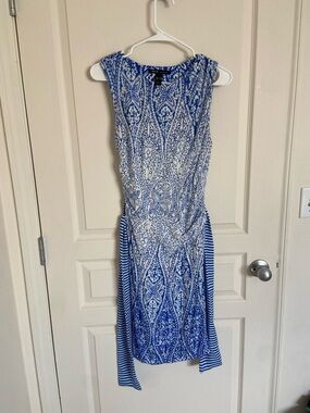 Mango Blue and White Printed Sleeveless Midi Dress